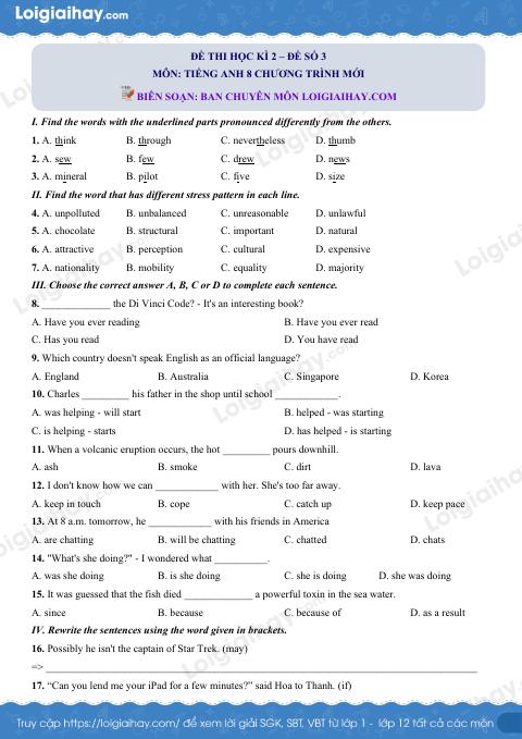 Đề số 3 - Đề kiểm tra học kỳ 2 - Tiếng Anh 8 mới